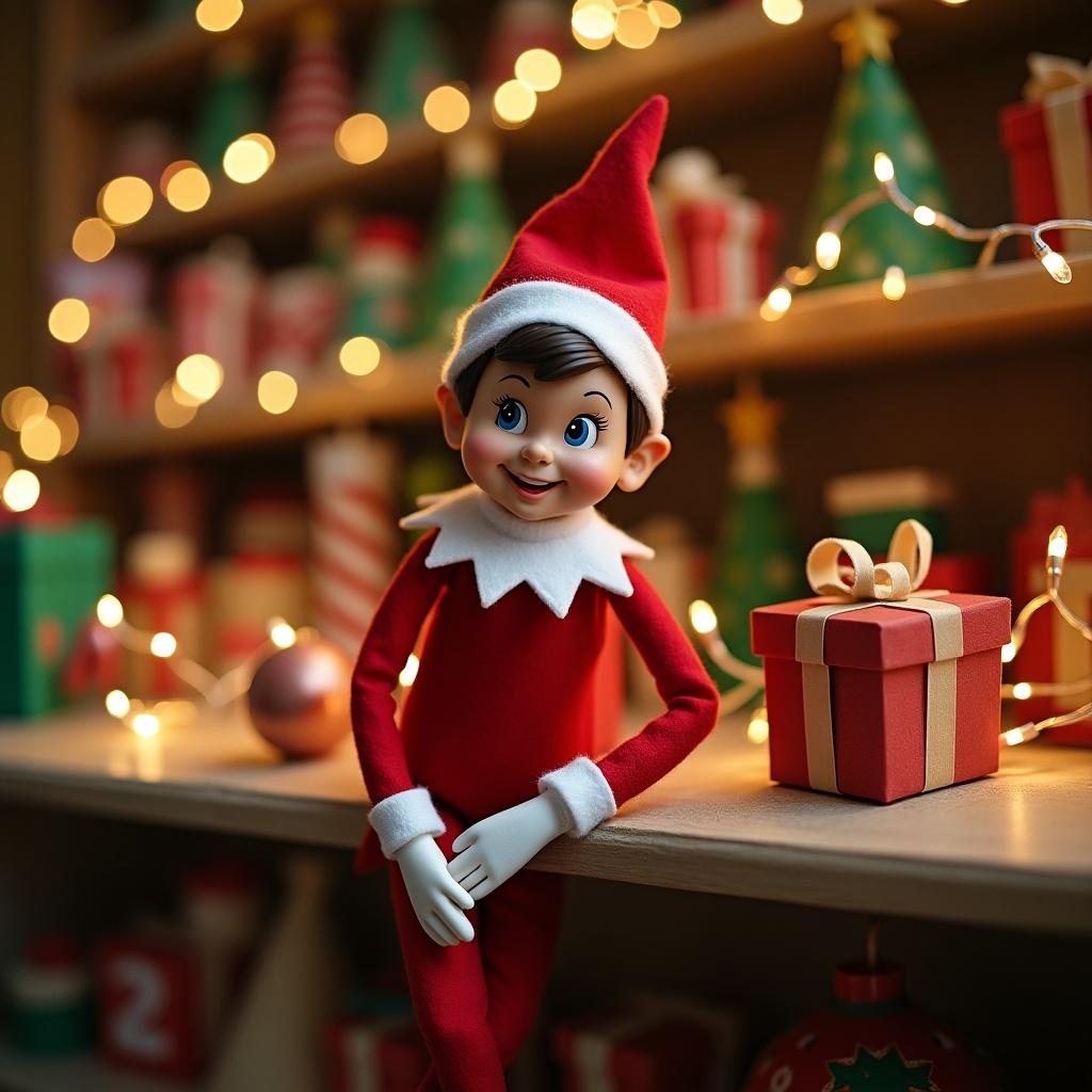 Elf figure on a shelf surrounded by Christmas decorations. Presents and holiday lights in the background.