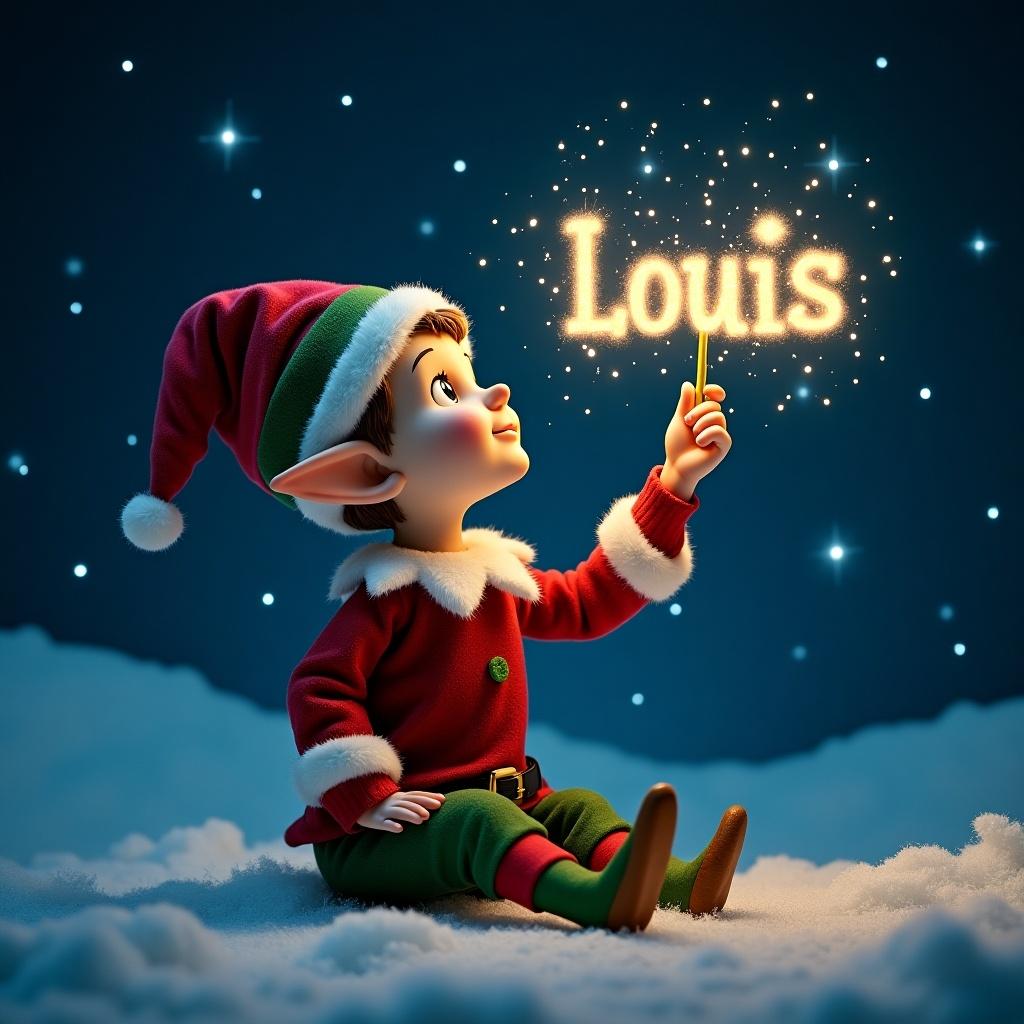 A Christmas elf sitting in a starry night sky with a wand spelling out the name Louis.