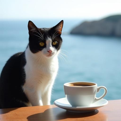 Black and white cat sits beside a cup of coffee on a table. The cat has a relaxed expression. The background features the ocean and coastline. Natural light brightens the scene.