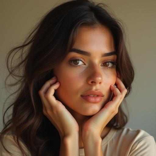 A beautiful woman with long hair poses thoughtfully with hands on her face against a neutral background