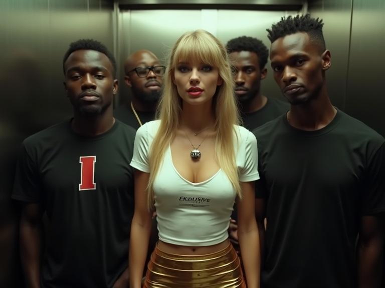 Crowded elevator scene with attractive woman. She has blonde pigtails and sharp bangs. Wearing white v-neck t-shirt and gold miniskirt. Surrounding her are several black men. All in an elevator.