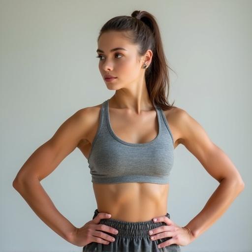 Young female karateka in a fitness pose. She wears a grey sports bra. Her physique appears toned. Hands rest on hips. Hair is tied back in a ponytail. Background is a plain, light-colored wall.