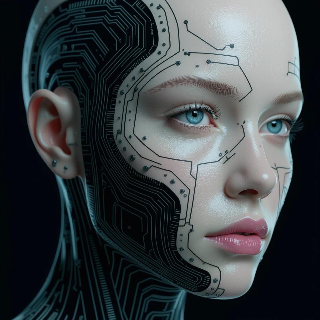 Close-up of a bald human head with intricate dark circuit-like patterns. The head has a pale complexion and striking blue eyes. Lips have subtle pink lipstick. Background is solid black.