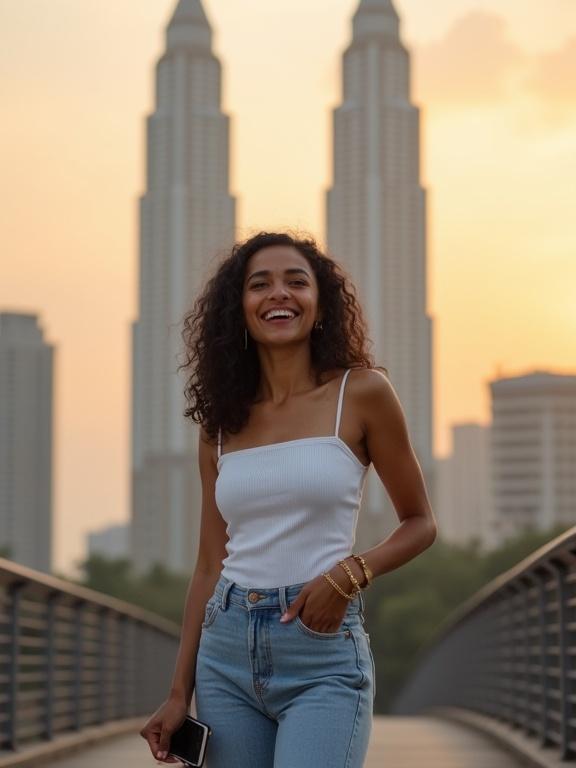 Modern woman in Mumbai during sunset. She wears a white top and jeans. Standing on a bridge with skyscrapers in the background. Excited and happy expression. Black hair and wheatish skin tone. Mobile phone is in hand.