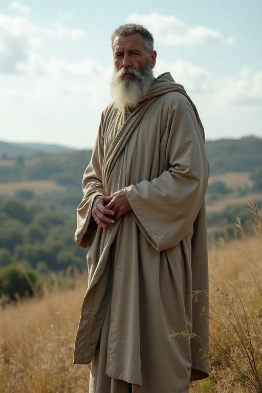 An old ascetic priest stands on a hill wearing a natural-colored ceremonial robe. The priest is in southern France at sunset. The scene shows the priest appearing wise and stern.