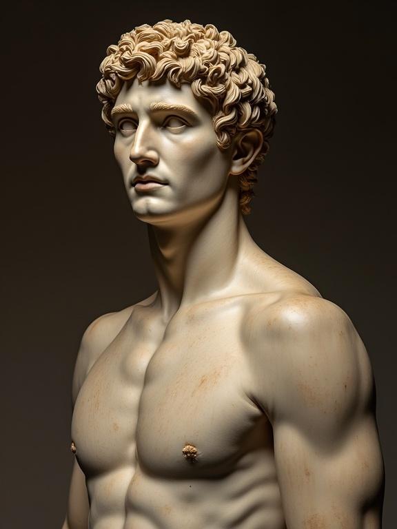 Sculpture of a Roman emperor. Blonde, mid-length hair. Smooth jawline. Shaven face. Chiseled features similar to neoclassical artwork of Caesar and Hadrian. Torso visible.