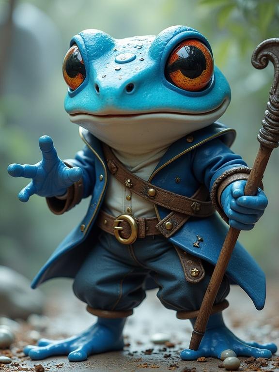Humanoid blue frog with a white jaw wearing pirate clothes. Dynamic pose with a staff. Cute and smug expression. Half-closed eyes. Frogadier Pokemon inspired character. Semirealistic fantasy style in the manner of Jason Chan.