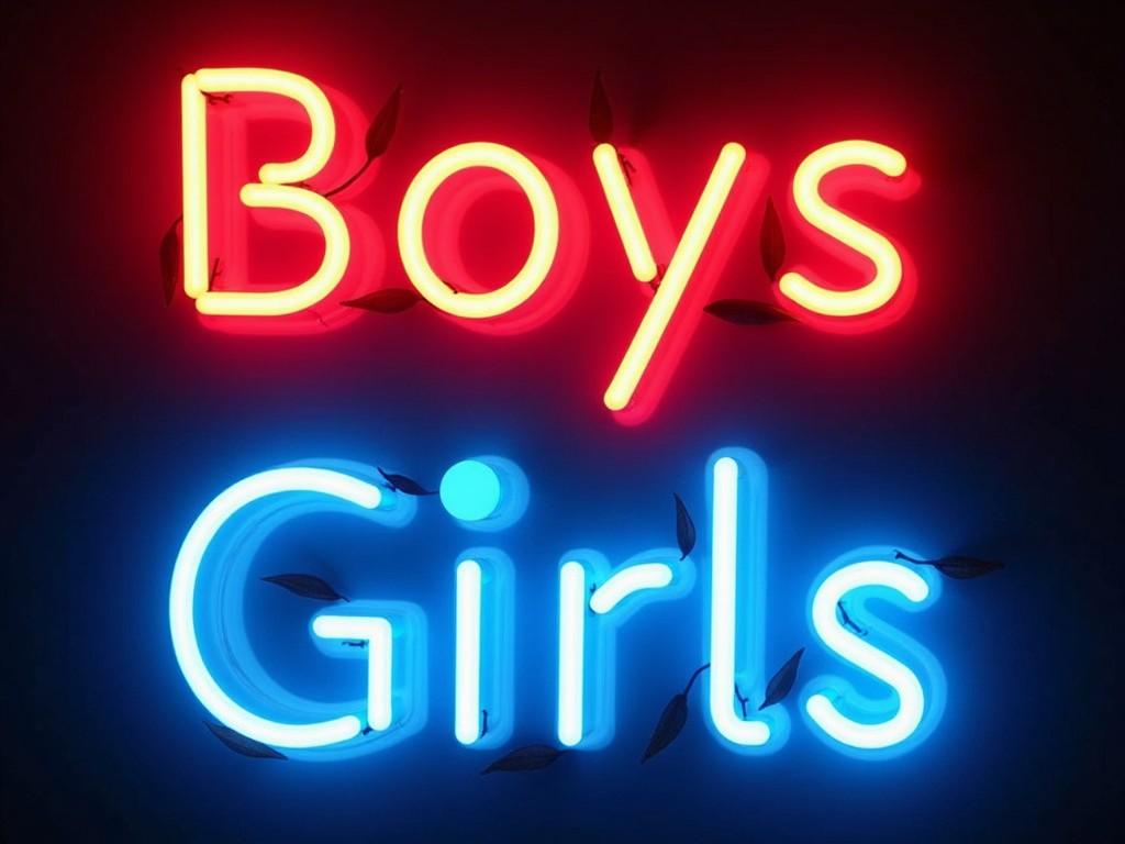 A neon sign with the words 'Boys' in red and 'Girls' in blue on a black background.