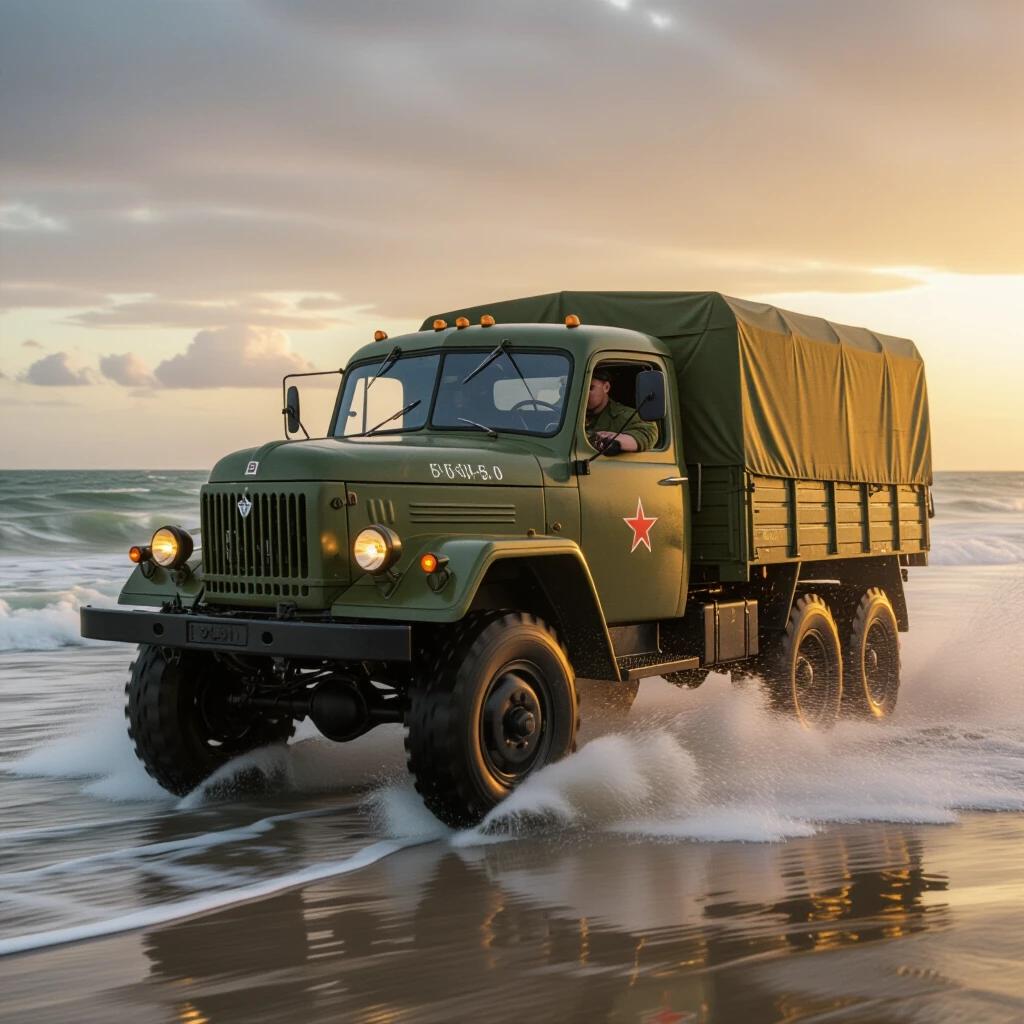 Ultra realistic action photography features a 1954 Soviet 6x6 military truck driving at high speed along the ocean shoreline. The left wheels churn through ocean waves with violent water splashes while the right wheels are on wet sand. A visible driver in a 1950s military uniform has a stern expression and grips the steering wheel. The setting is at sunset with dramatic clouds and a stormy ocean. The technical aspects include a f/1.4 aperture and 1/1000s shutter speed to capture frozen water droplets and hyperrealistic textures. The style reflects historical war themes.