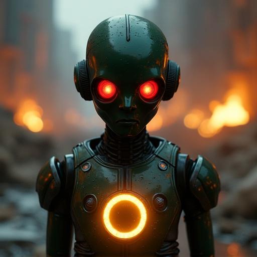 Cinematic close-up of a T800 robot inspired character with glowing red pupils in a ruined fantasy city at night. Embedded glowing golden ring in chest plate. Background features fires and debris.