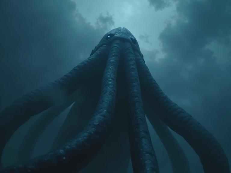 Dark cinematic view looking up at a huge, long, smooth tentacled creature with a round head and small glowing eyes breaching through clouds, dramatic lighting, high detail