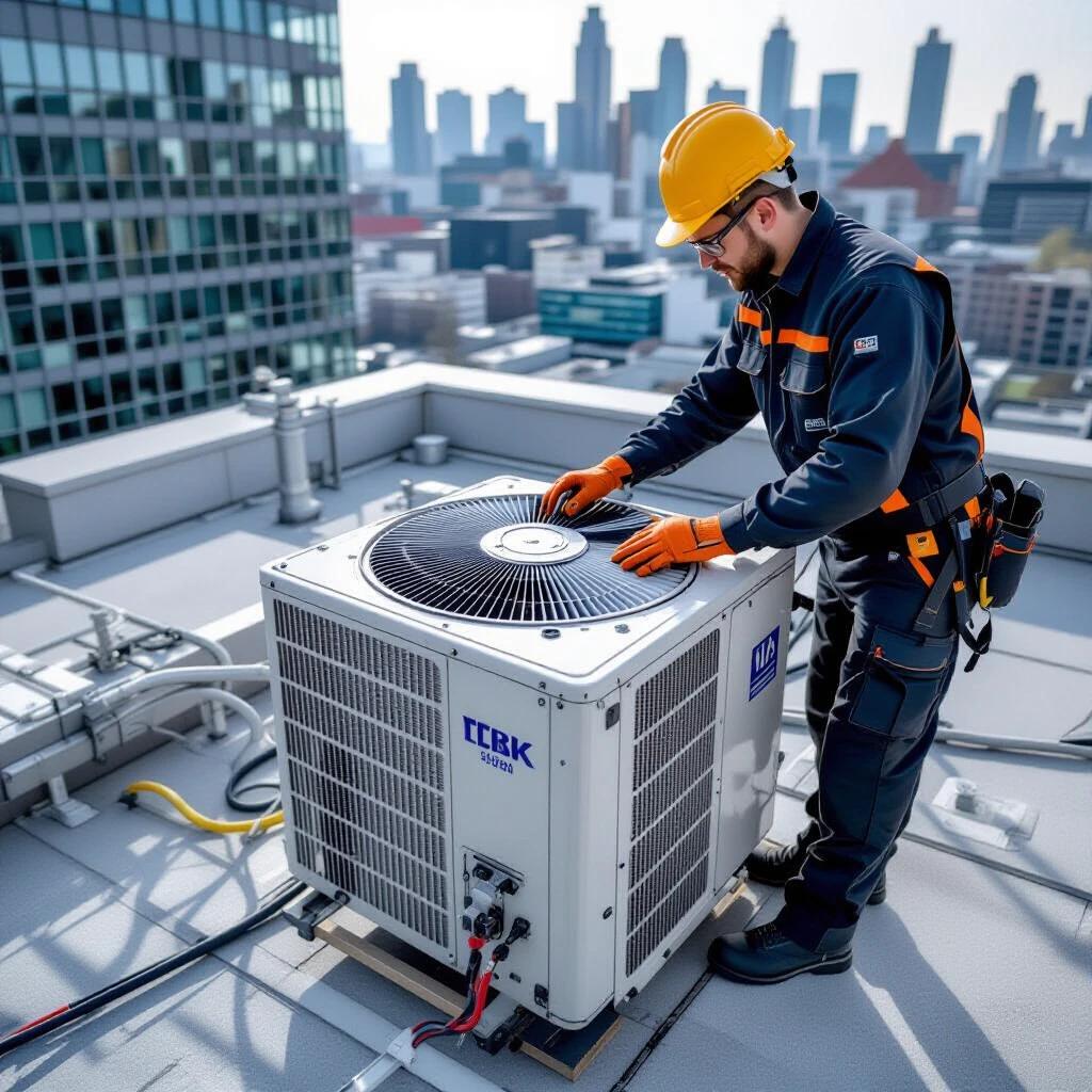 Technician performs maintenance on air conditioning unit. Rooftop of a commercial building. City skyline in the background. Technician uses tools and wears safety gear. Focus on HVAC repair process.