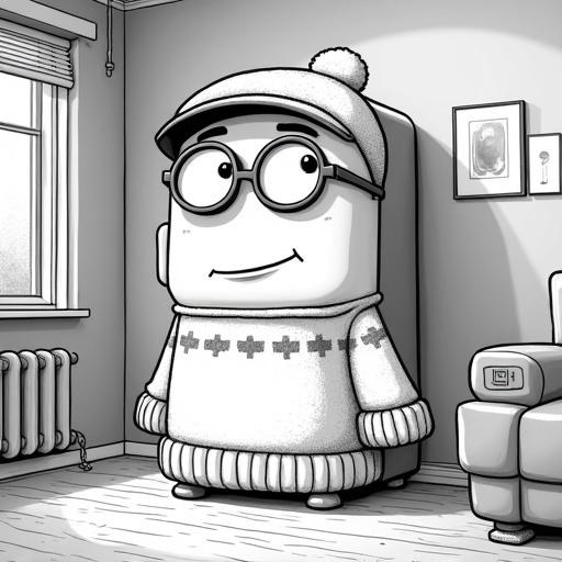 Illustration of a black and white animation style fridge in a living room. The fridge has a face, spectacles, and is wearing a woolen sweater and cap to show it is feeling cold.