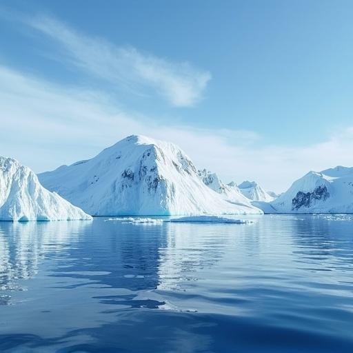 Wide view of Antarctica landscape showcasing icebergs and calm water. Clear sky reflects on the water surface. Icebergs dominate the scene with blue hues. A serene polar atmosphere is depicted.