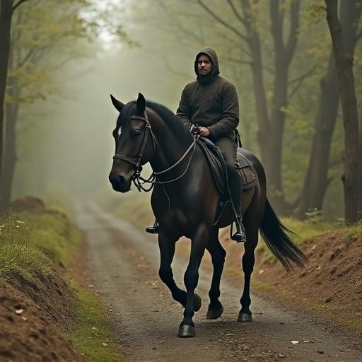 Alien riding a horse in a natural setting. Background features trees and a path. Depiction focuses on harmony between rider and horse.