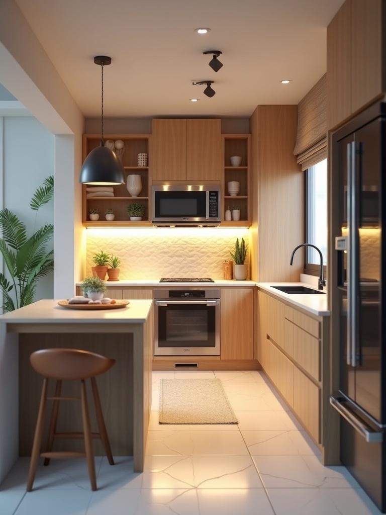 8K hyperrealistic rendering of a miniature house kitchen includes high-end appliances detailed countertops realistic lighting effects meticulous design contemporary style