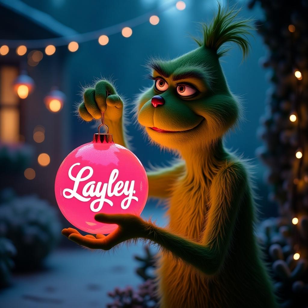 Scene with Grinch in a night garden. Grinch holds glowing pink Christmas bauble with Layley in script. Twinkling lights create a festive atmosphere.