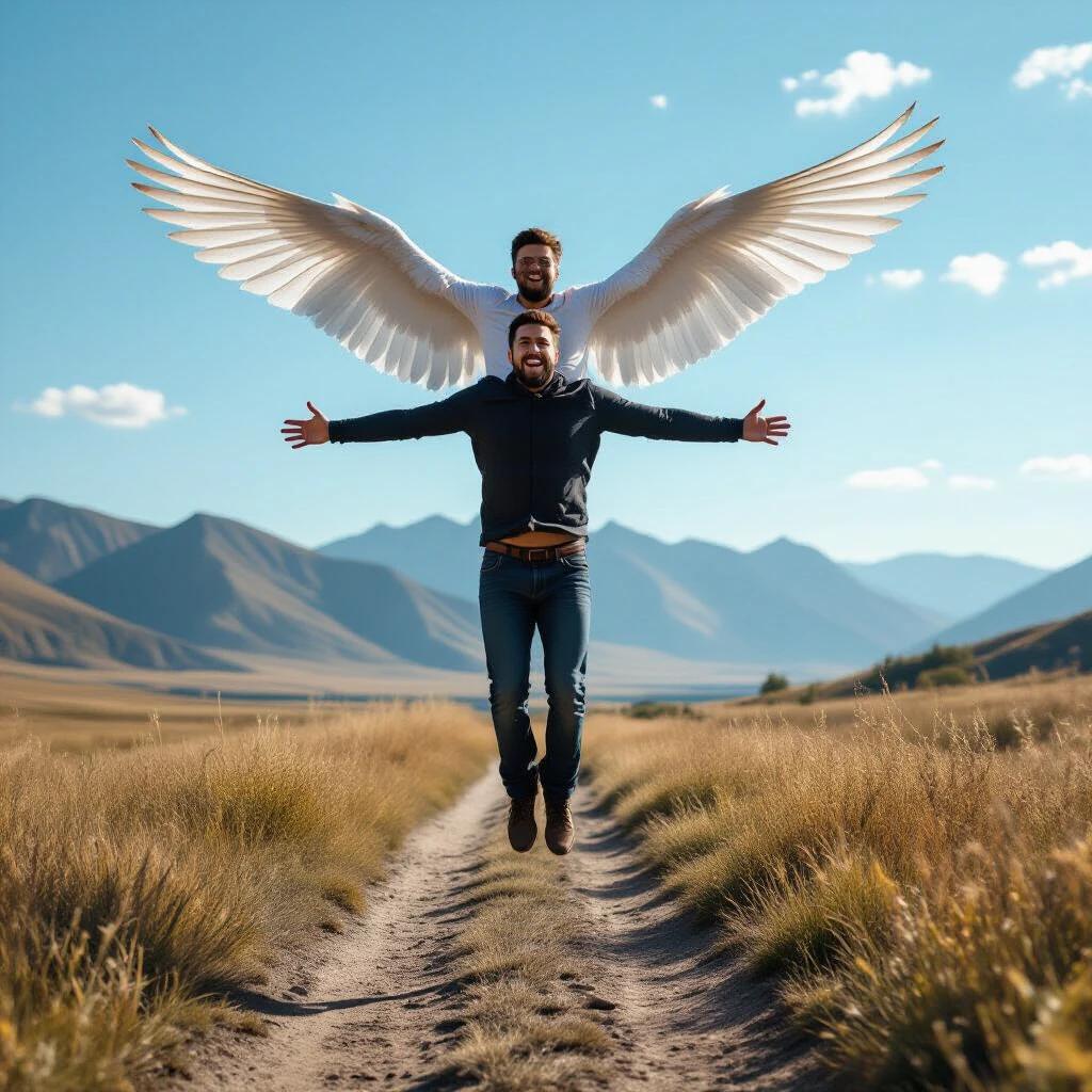A man appears to fly with large white angel wings. He is on a dirt path surrounded by mountains and fields. The scene is bright and sunny.