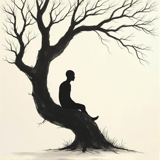 Minimalist bald human silhouette with black fill color. Thin tall teen sitting relaxed in a tree. Monochrome minimalist sketch. Delicate ink lines on textured paper. Serene mood inspired by traditional Asian brushwork.