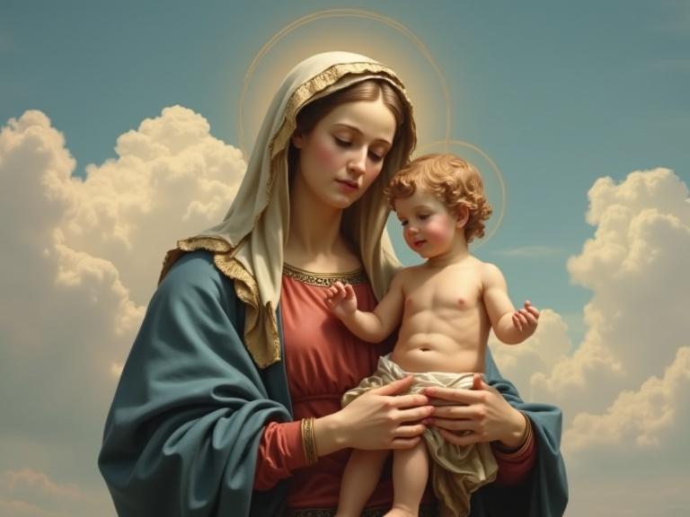 Virgin Mary holding little Jesus. Baroque style. Background features gentle clouds and a serene sky.