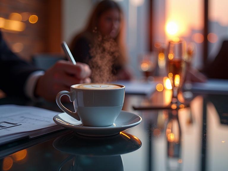 CEO office scene showcasing a coffee cup at a glass table during golden hour. Hands are seen writing notes as the city skyline reflects in the table.