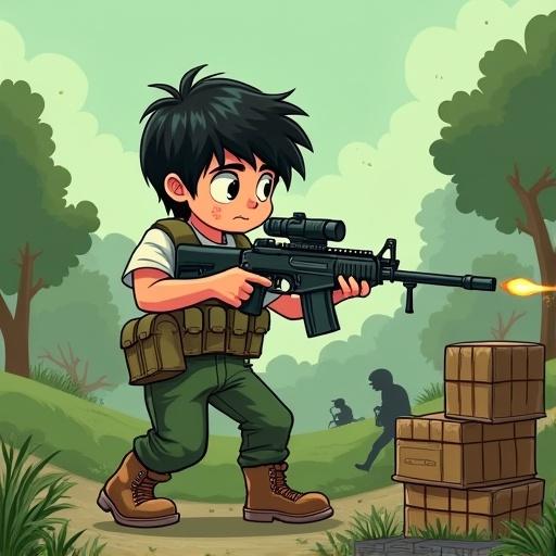 An illustration of a young boy engaged in a conflict scene. The boy has black hair and a determined look. He holds a machine gun. The environment features a green landscape with trees and ammunition boxes. The scene includes elements showing conflict but focuses on the boy's bravery.