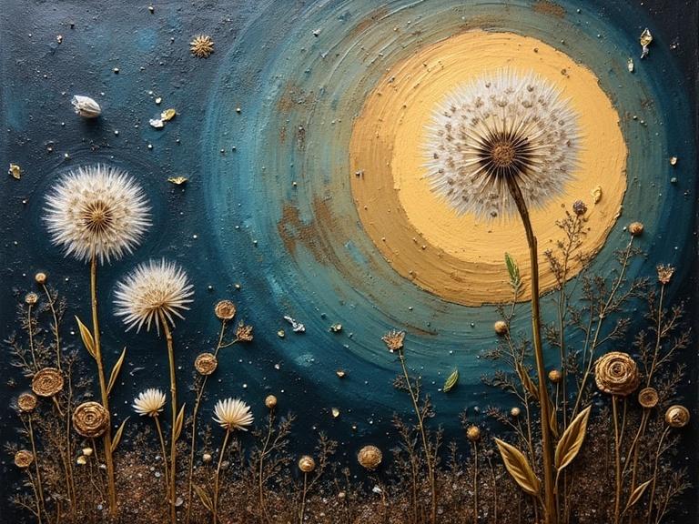 3D multi-layered oil painting featuring dandelions against a mystical moonlit background. Incorporates various textures including newspaper, jute fibers, wood, sand, and glittering elements. Evokes depth and complex structure in a stunning composition.
