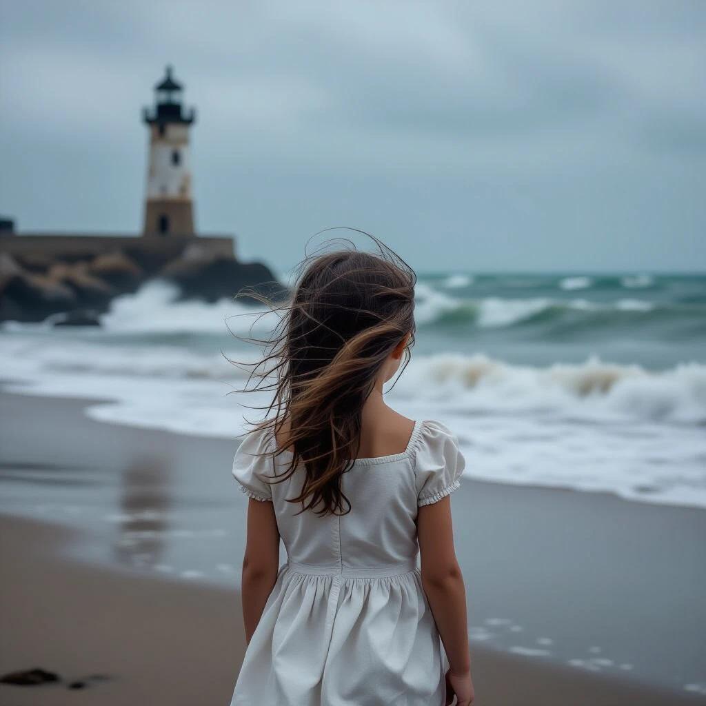 Girl at the beach looking at choppy sea with wind blowing her dark hair. Humble attire. Dramatic atmosphere with gray sky. Blurred old lighthouse in background. Hyper-realistic 8K format.