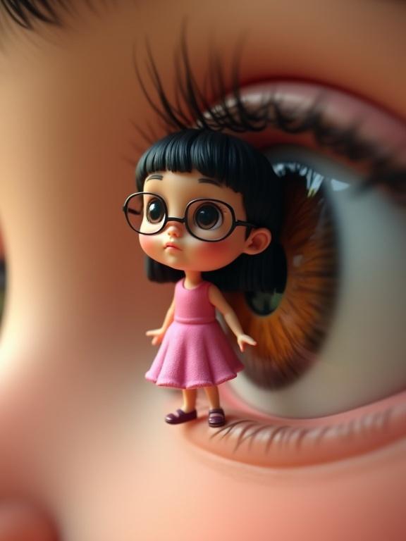 A miniature girl resembling a character from Upin & Ipin stands on the edge of a human eye. She wears a pink dress and glasses. The human eye shows details with realistic skin textures and soft lighting. The scene emphasizes a whimsical scale contrast.