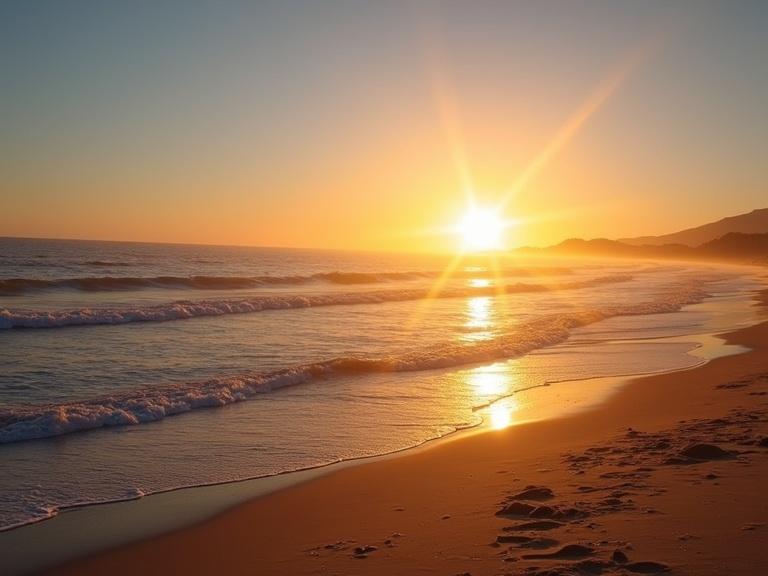 View of a beach in Galicia Spain during a clear sunset. The sun is clearly visible in the sky. Waves are gently lapping at the shore.