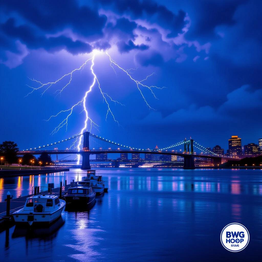 Dramatic scene of lightning strike over river. Foreground features moored boats. Vibrant lightning reflections on water. Large suspension bridge spans river. Dark stormy sky with urban buildings. Illuminated streetlights enhance atmosphere. Dense ominous clouds increase tension. Include logo text BWG HOOP.