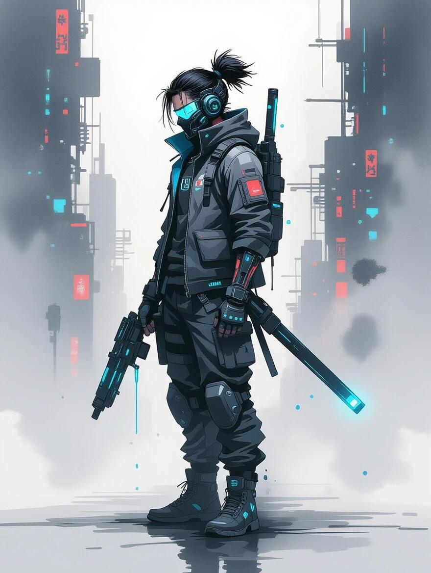 Lone warrior from cyberpunk genre standing in profile. Techwear outfit and cybernetic limbs shown in ink wash strokes. Neon blue highlights contrast with black textures. Minimalist background with cinematic lighting.