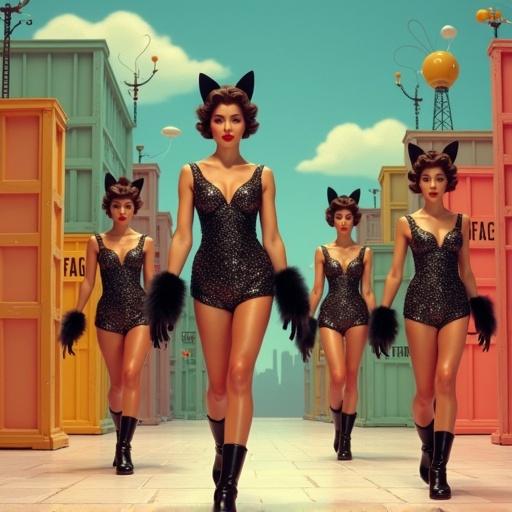 A vibrant stage performance features glamorous dancers. Dancers wear cat-themed costumes. Costumes are sparkling bodysuits with sequins. They have black cat ears and fluffy tails. Background shows a cartoon-like cityscape with colorful props.