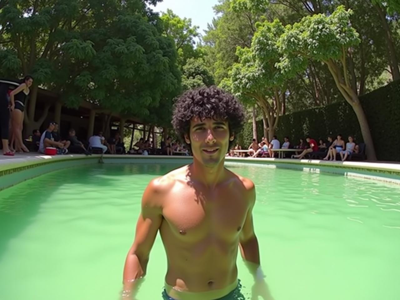 The image shows a person standing in a pool with green water. The individual has curly dark hair and is shirtless, revealing a muscular build. Surrounding the pool, there are trees that provide shade and a relaxed atmosphere. In the background, some people are visible, seated near the pool area. It appears to be a sunny day, creating a vibrant and inviting scene.