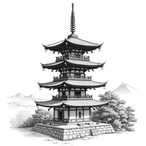 Intricate black and white line art illustration of a multi-storied Japanese wooden pagoda featuring five tiers. Graceful eaves and wooden bracketing are visible, with a tall finial at the top. The structure stands on a stone foundation, surrounded by trees. Distant mountains are in the background. Art style highlights architectural details with fine lines, evoking a sense of serenity.