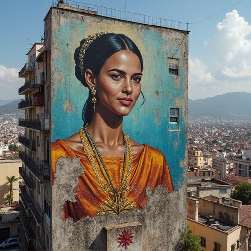 Mural painting on a favela wall featuring a portrait inspired by Velázquez. Surrounding panoramic view of the favela on a clear day.