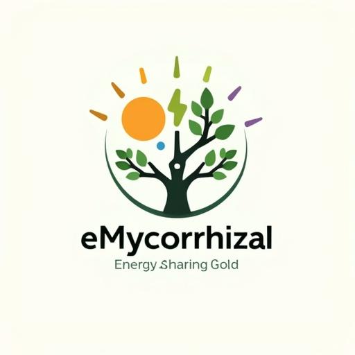 Design a flat-style emblem logo for eMycorrhizal that symbolizes energy sharing. Use circular symmetry with flat icons of a sun, lightning bolt, and branching roots in a flow pattern. Place the name eMycorrhizal in green and blue with modern typography. Use flat colors only.