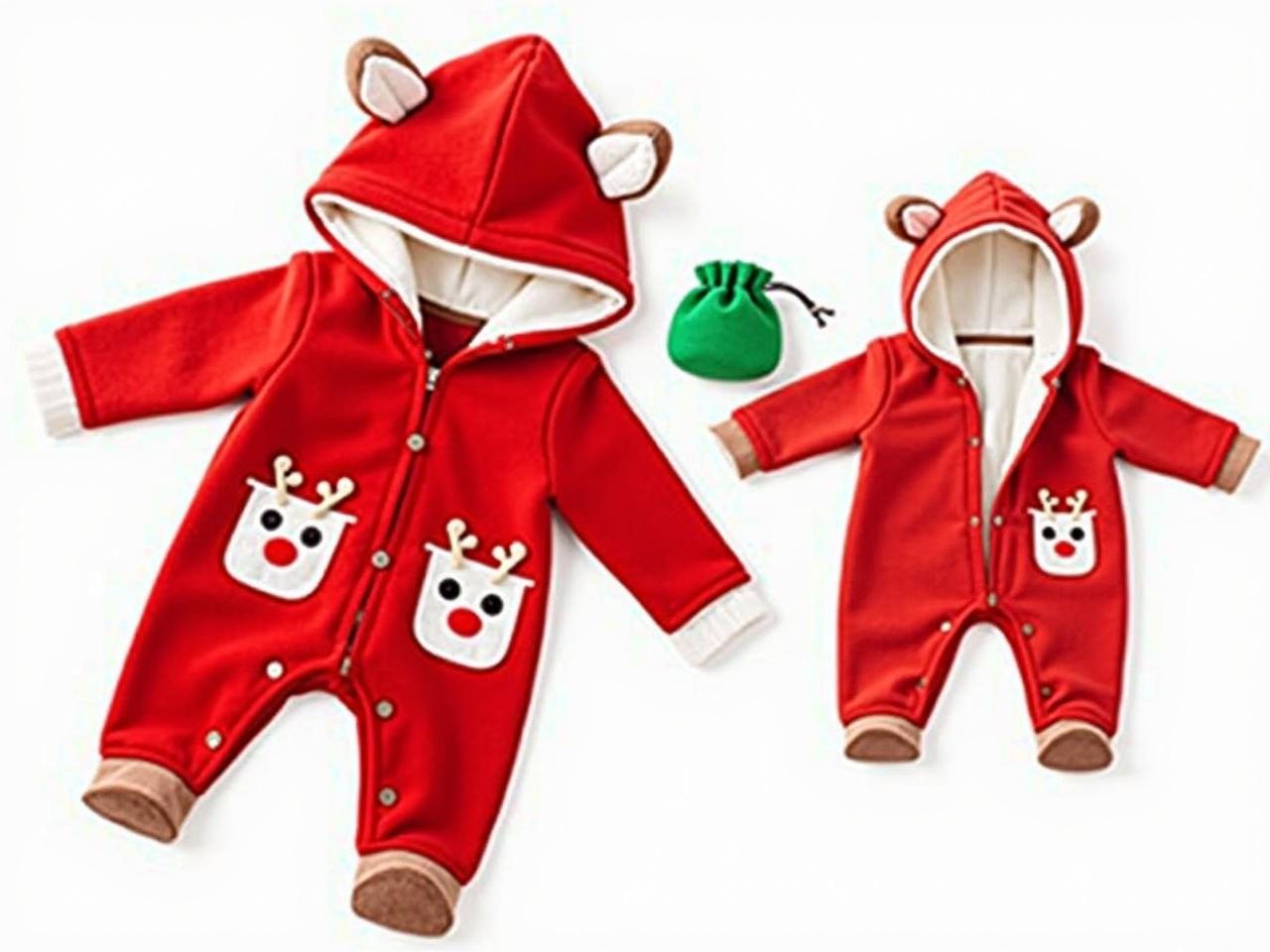 This image shows an adorable red baby snowsuit designed for young children. The snowsuit features a playful design with two cute reindeer faces on the pockets, complete with large eyes and little antlers. The suit has a cozy white lining and contrasting white cuffs that give it a charming look. A hood is attached to the top for added warmth, making it perfect for cold weather. Nearby, there is a small green pouch that adds an extra touch to the setup. The overall aesthetic is cheerful and cozy, ideal for keeping little ones warm during winter outings.