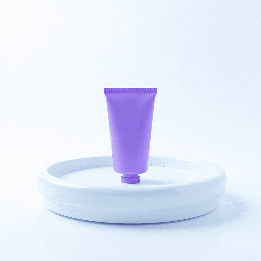 A purple tube stands on a white, circular pedestal against a soft, light background.