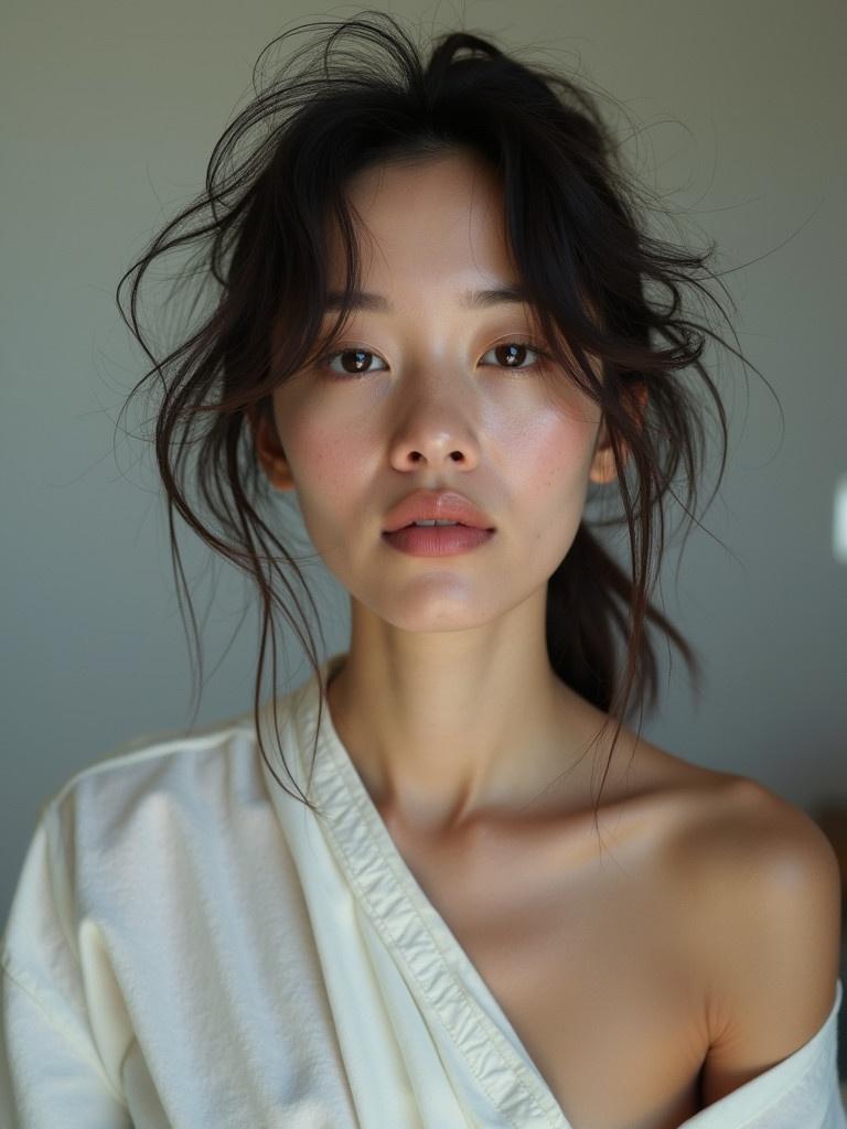 Show a woman in casual clothing with messy hair. She has little to no makeup with white skin. Focus on a relaxed and peaceful demeanor.