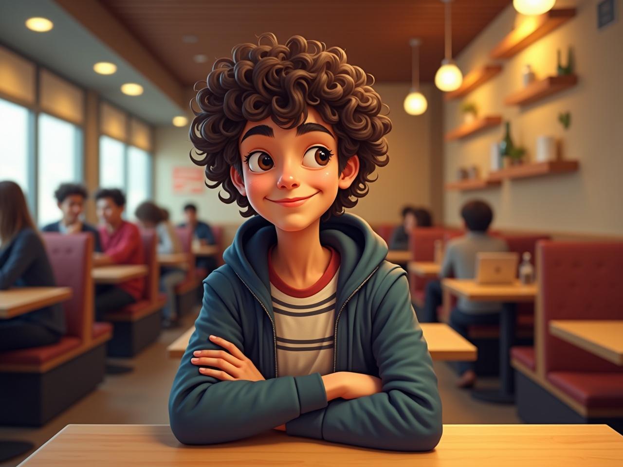 Create a cartoon version of a person sitting at a table in a restaurant. The individual has curly hair and is wearing a striped shirt under a hooded jacket. Their arms are crossed comfortably on the table in front of them. The restaurant has a cozy atmosphere with wooden accents. The background shows blurred outlines of other tables and shelves, enhancing the dining setting. Maintain the likeness to keep the essence of the person while transforming into a cartoon style.