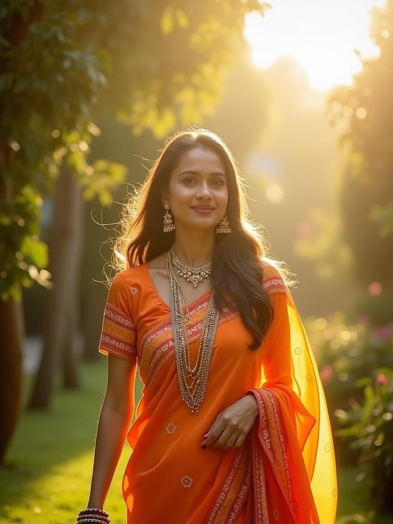 Woman walks through a sunlit garden. She wears a vibrant orange saree with intricate details. Layered jewelry includes necklaces and earrings. Sunlight creates a warm halo effect. Her expression appears serene. Surrounding is lush greenery.