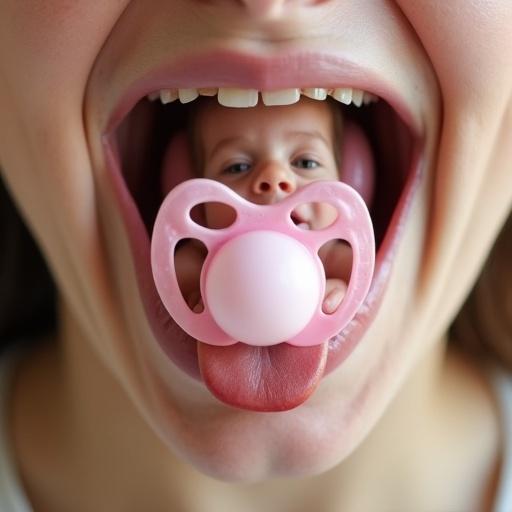 A playful mother interacts with her 10 year old child in a fun way. The child sits on the tongue of an open mouth. The child holds an oversized pacifier. The scene is lighthearted and whimsical.