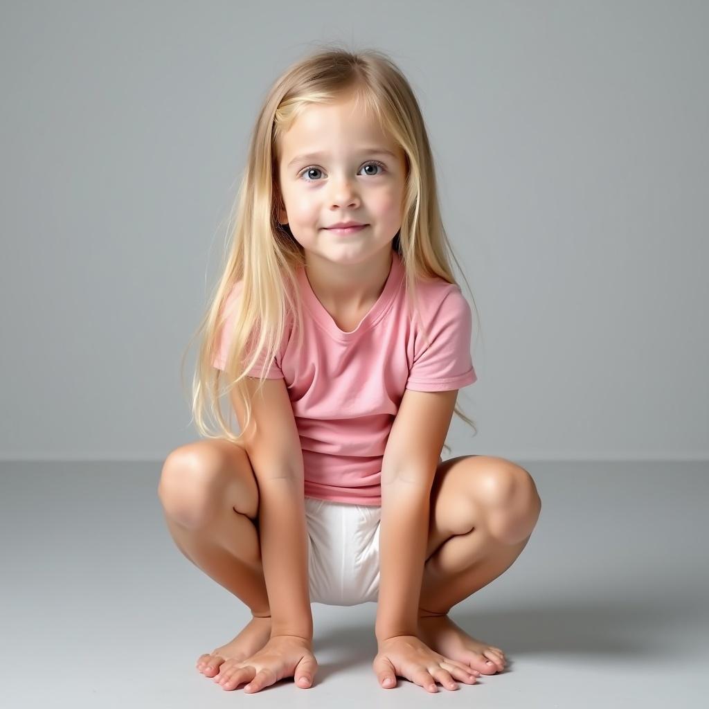 Image features a young girl with long blonde hair in a pink t-shirt and white diaper. Soft gray background emphasizes youthful innocence. Girl squats with legs spread, radiating confidence. Soft lighting creates warmth. Scene captures early childhood moments highlighting comfort and playfulness.