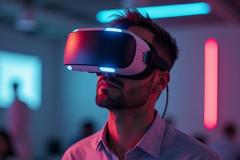 A person experiences virtual reality using a VR headset in a modern environment with colorful lighting.