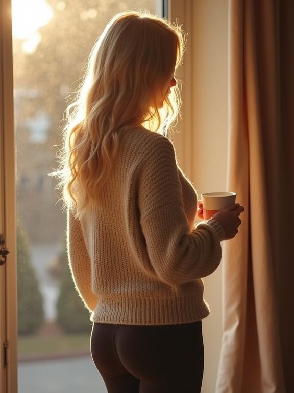 Blonde mother in a cozy sweater and leggings standing by the window with coffee while golden light filters through. Soft curves and gentle hip sway visible from behind.