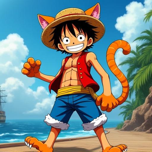 Full-body artwork depicting Monkey D. Luffy as a cat. He has black hair and a straw hat. His torso, arms, and legs have orange fur. He wears a red vest and blue shorts. Luffy stands dynamically on two legs. Background features the Thousand Sunny or a tropical island. This is an anime-style illustration with vibrant colors.