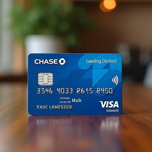 Generate a Chase Visa credit card with realistic details. Capture the credit card on a wooden table in a close-up shot. Use natural lighting.