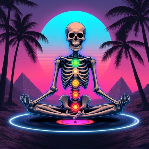 A skeleton meditating on a vinyl record. Chakras glowing in neon colors but misaligned. Background features retro synthwave style with palm trees and pyramids. Text states chakras désalignés depuis 1984. Fun and ironic spiritual vibe.