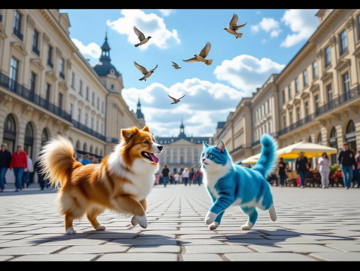 A red dog and a blue cat running joyfully in a busy plaza. People observe the scene around them. Various birds fly in the sky above.